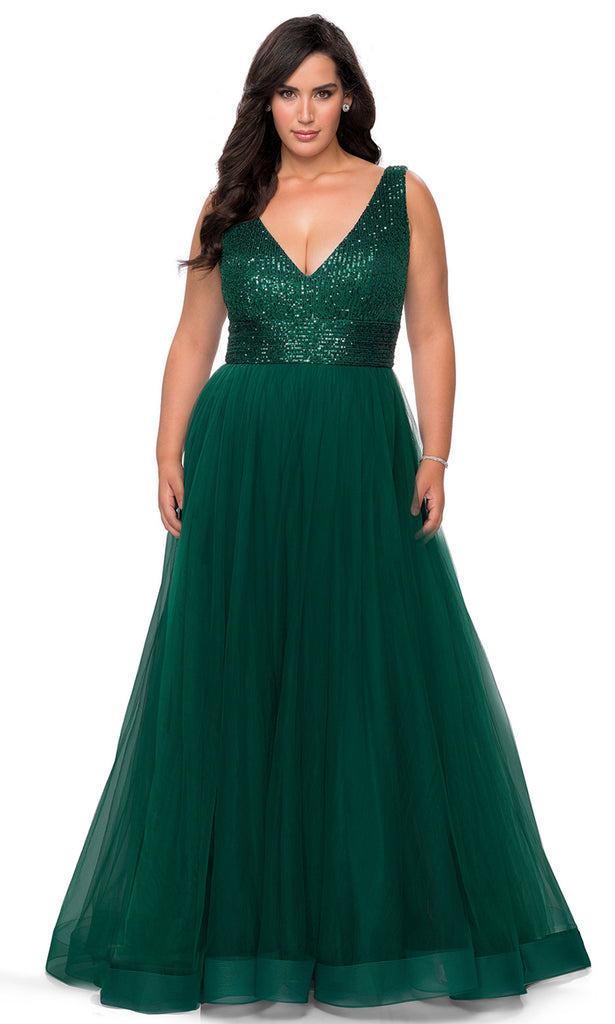 Deep V Neck Tulle A-Line Gown ...